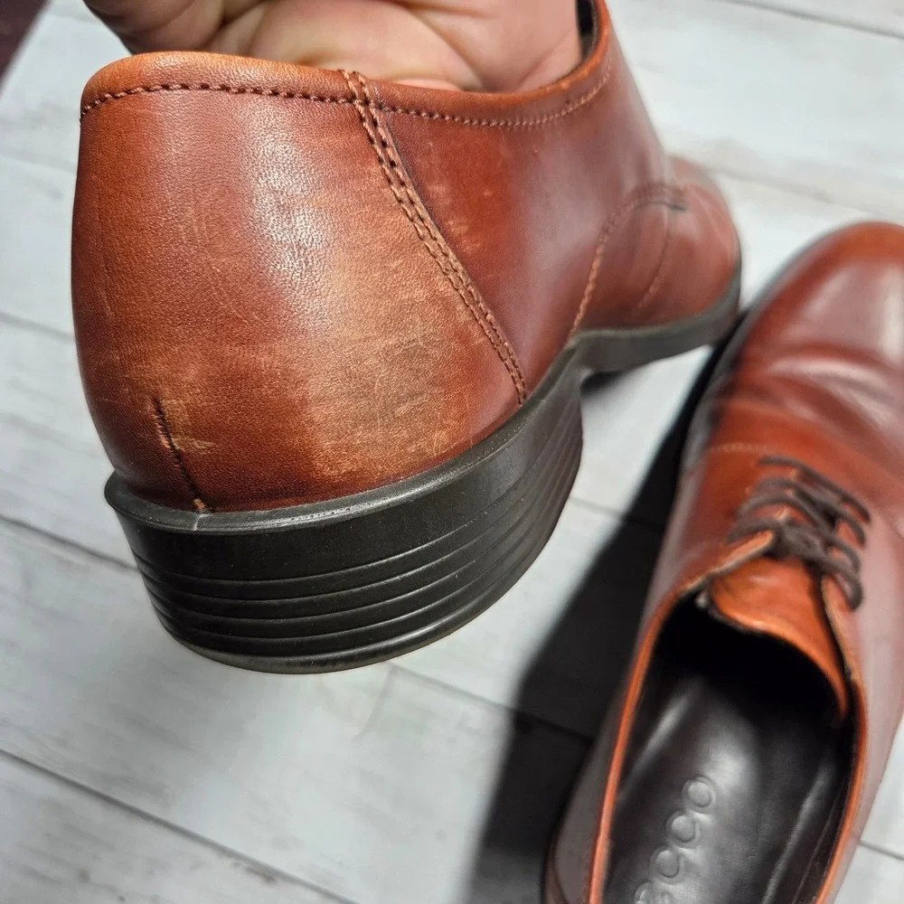 ECCO Plain Toe Derby Dress Shoes Mens 46 Cognac Brown Leather Lace Up